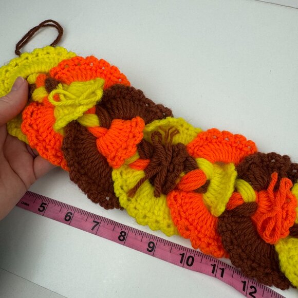 Vtg Crochet Yarn Door Wall Hanging Holiday Thanksgiving Fall Orange Brown Yellow - Picture 7 of 13